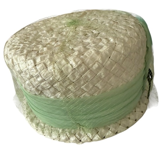 Woven Straw/Netting Cloche  Hat Bucket Style Green Ribbon 8 in Church Easter - Picture 3 of 9
